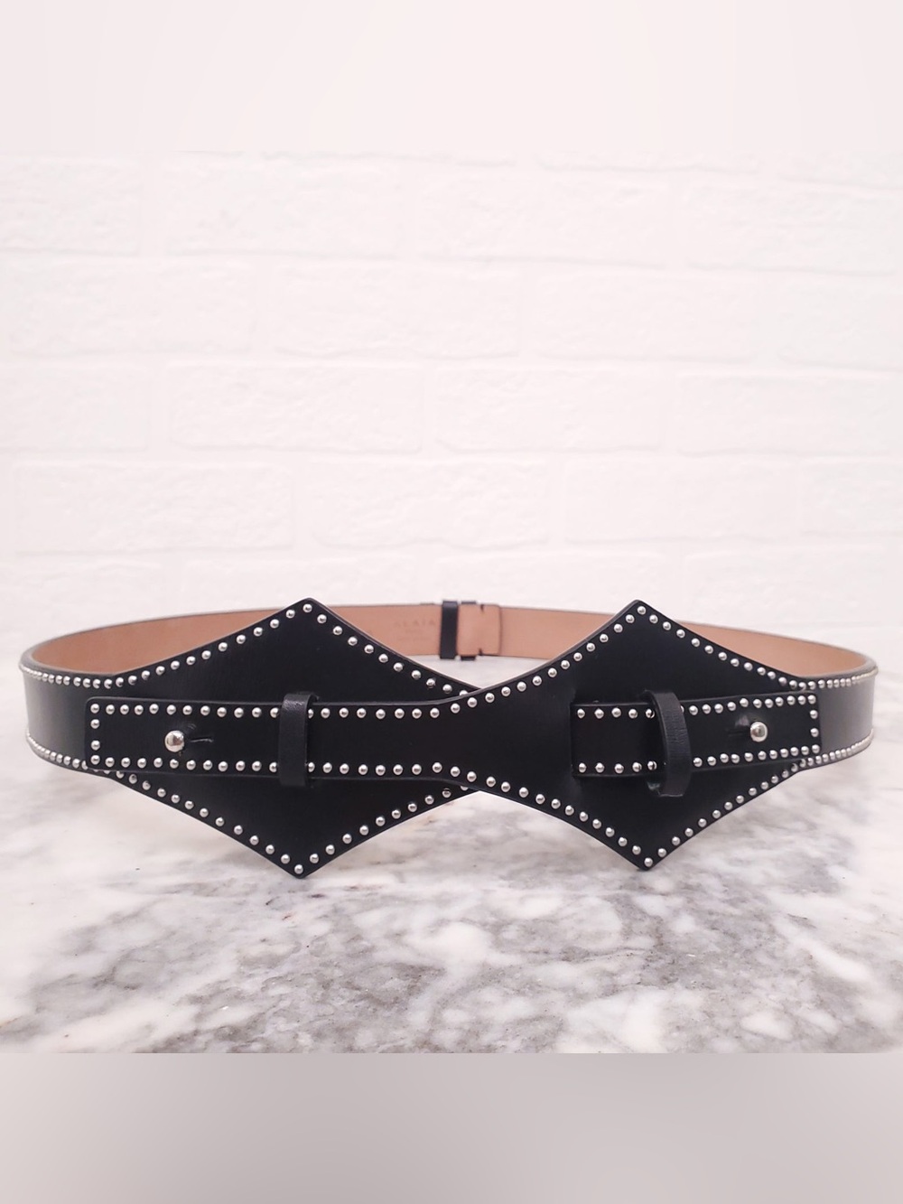NWT Alaïa Croisse Black silver Studded Black Leather Waist Belt Small